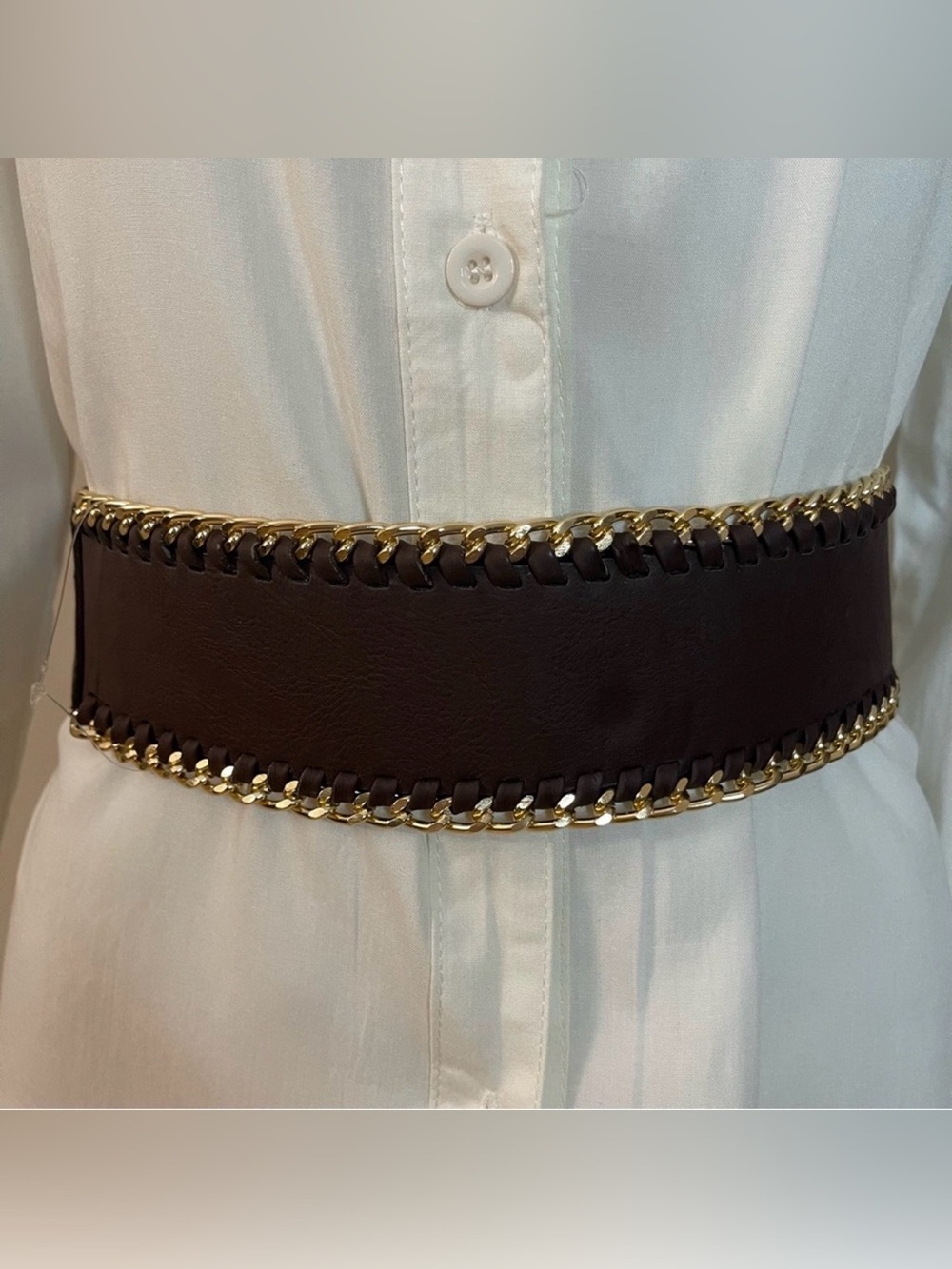 Dark brown faux leather elastic waistband gold tone braided chain belt